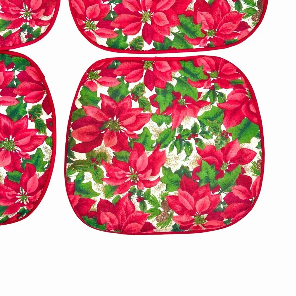 SET OF 4 CHRISTMAS HOLIDAY RED & GREEN POINSETTIA CHAIR CUSHIONS